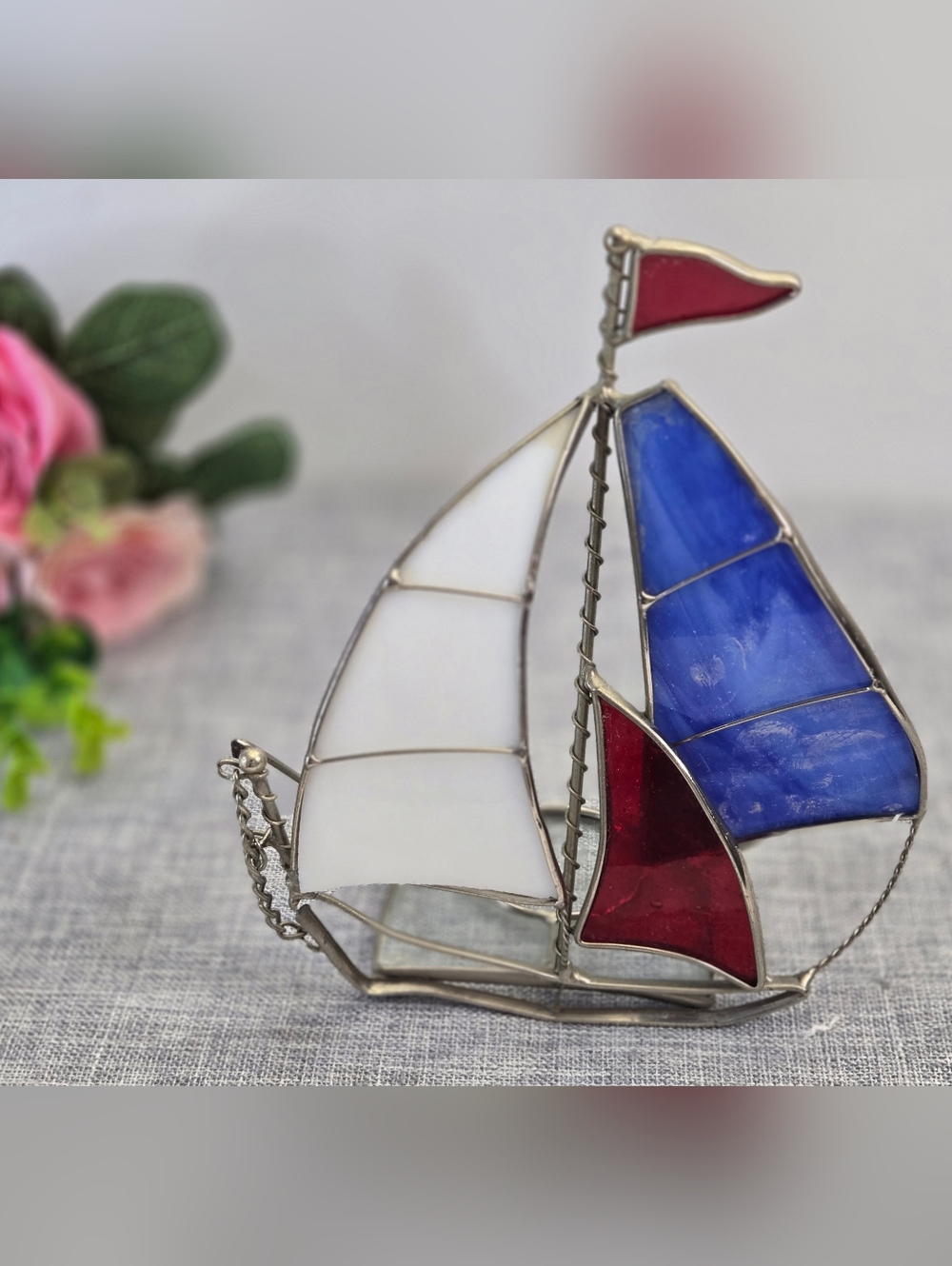 Stained Glass Blue White Red Nautical Decor‎ Sail Boat Candle Holder W Deffect